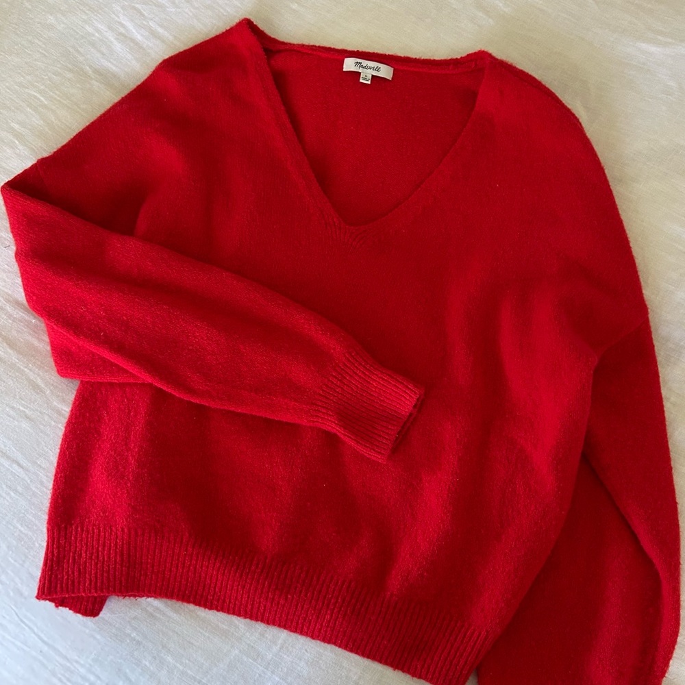 Madewell Red V-Neck Sweater with Ribbed Detailing